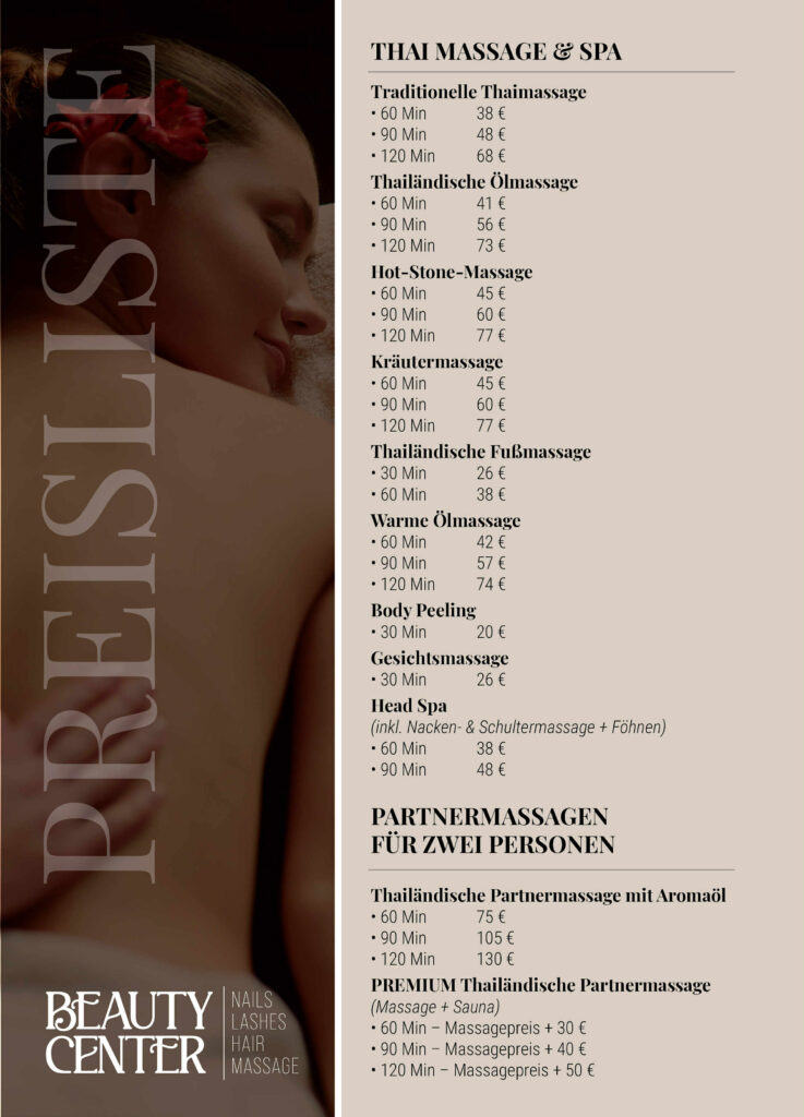 massage price list